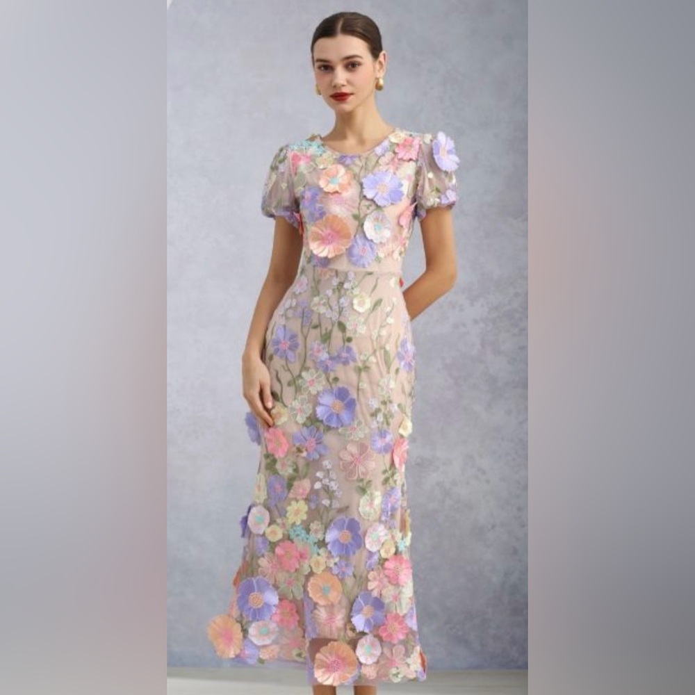 3D Floral Appliqué Mesh Tulle Mermaid Maxi Dress